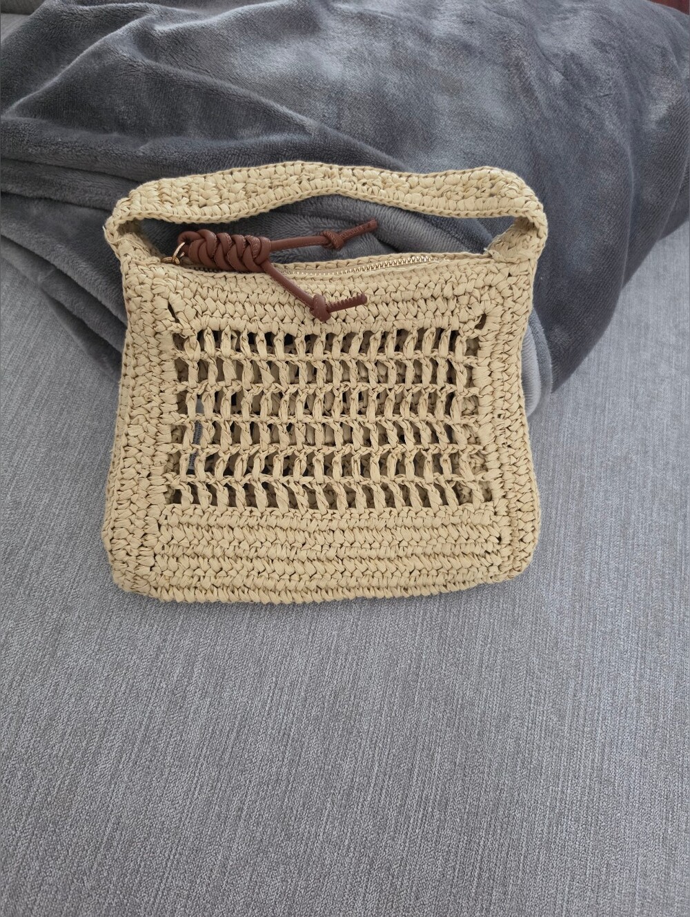 H&M Woven Mini Straw Bag in Beige with Brown Accent